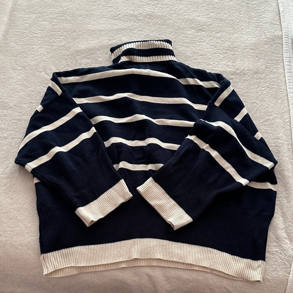 Topshop Navy and White Oversized Striped Turtleneck Sweater